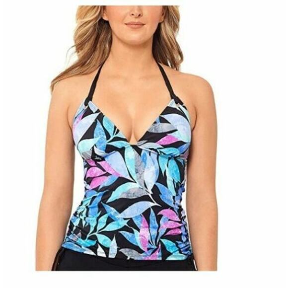 Salt+Cove Tropic Like Its Hot Printed Ruched Halter Tankini Top M Teal Blue New - Picture 1 of 6